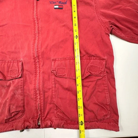 Tommy Hilfiger Red Canvas Zip Jacket Mens S Flag Logo Custom Embroidery - Picture 8 of 13